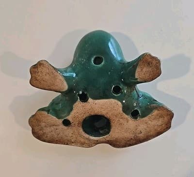 Vintage Antique Flower Frog Green & Brown Art Pottery Decor Patina - Thumbnail 10