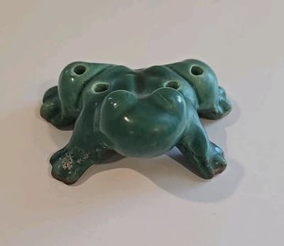 Vintage Antique Flower Frog Green & Brown Art Pottery Decor Patina