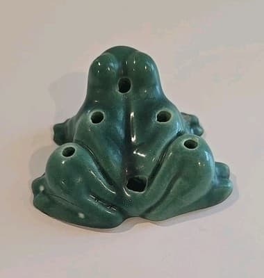 Vintage Antique Flower Frog Green & Brown Art Pottery Decor Patina - Thumbnail 4