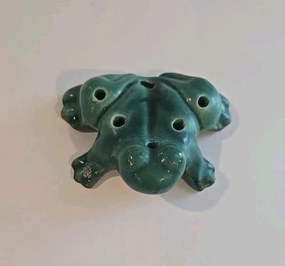 Vintage Antique Flower Frog Green & Brown Art Pottery Decor Patina - Thumbnail 2