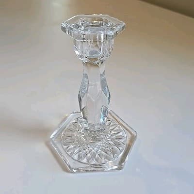 5 1/2" CRYSTAL CANDLE HOLDER FACETED STEM HEXAGON BASE/TOP-DIAMOND SHAPED