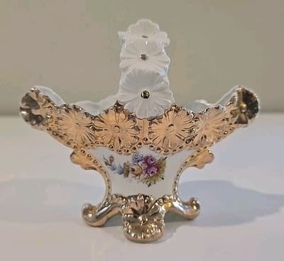 Antique Porcelain Basket Daisy + Flower Motif Gold Gilt Hand Painted 1898 R