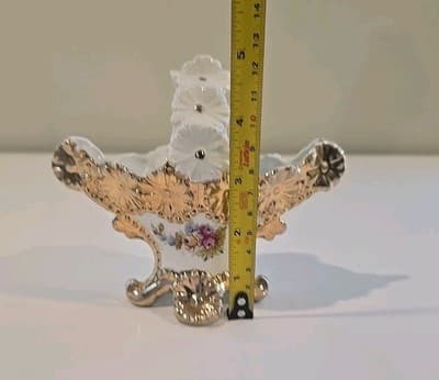 Antique Porcelain Basket Daisy + Flower Motif Gold Gilt Hand Painted 1898 R - Thumbnail 3