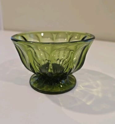 Vintage MCM Anchor Hocking Avocado Green Glass Pedestal Footed Bowl Candy Dish