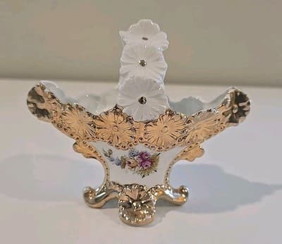 Antique Porcelain Basket Daisy + Flower Motif Gold Gilt Hand Painted 1898 R - Thumbnail 2