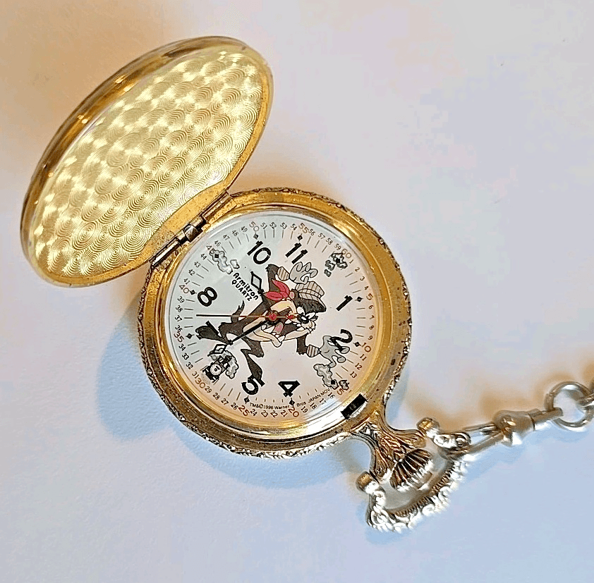 Vtg Armitron Acme Looney Tunes Tasmanian Devil Railroad Pocket Watch w/ Chain