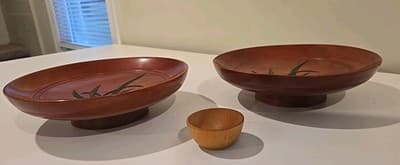 Japan Lacquer Ware Wooden Bowls with Carved Flowers MCM & Small Wooden Bowl 3pc - Thumbnail 9