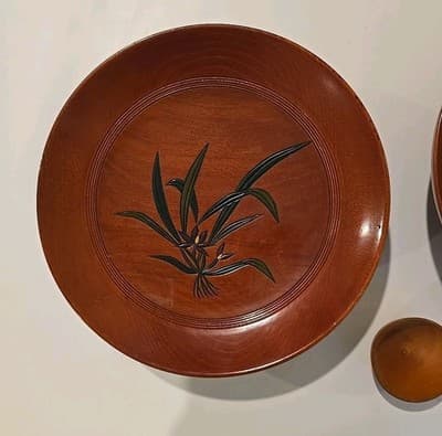 Japan Lacquer Ware Wooden Bowls with Carved Flowers MCM & Small Wooden Bowl 3pc - Thumbnail 2