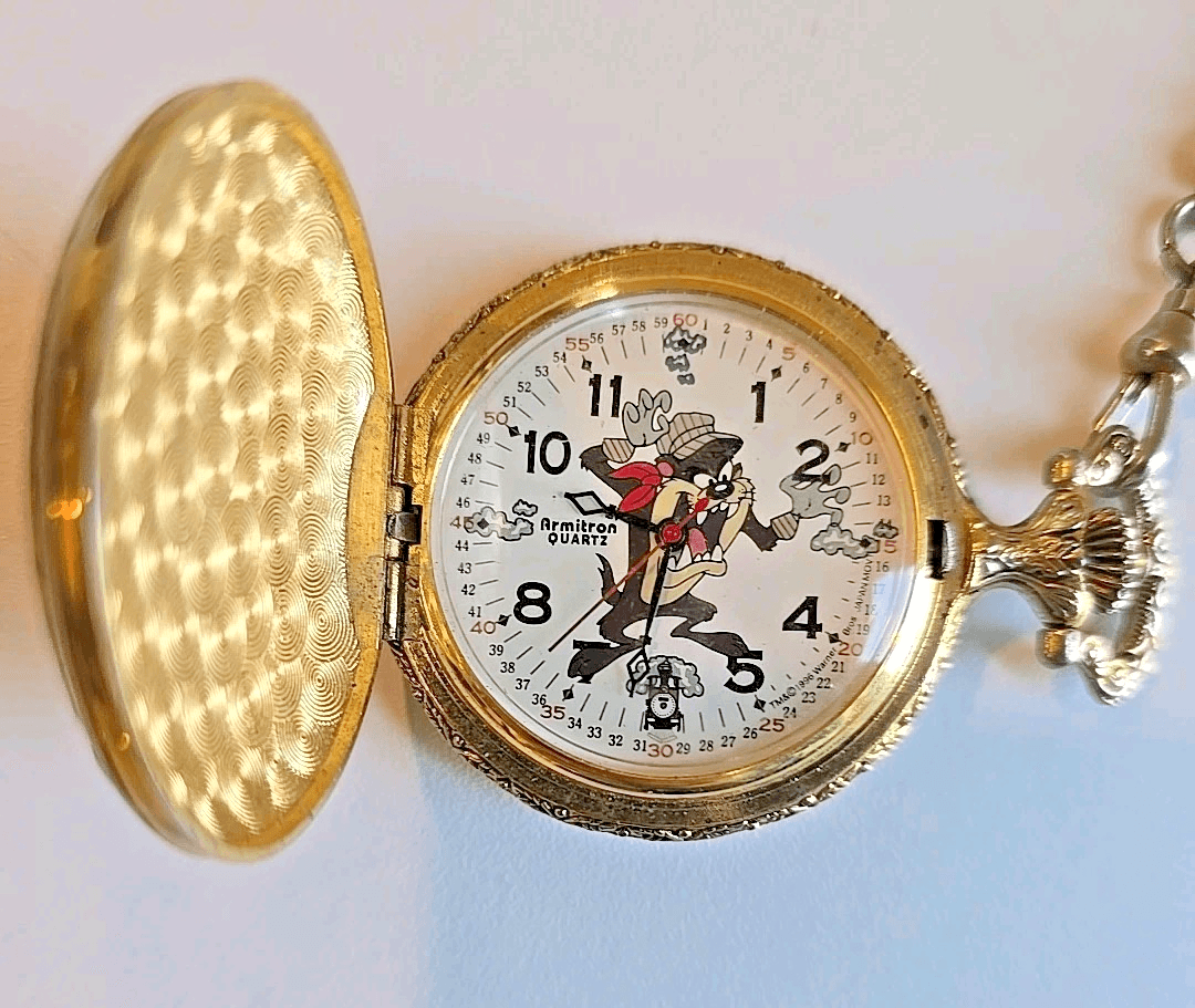 Vtg Armitron Acme Looney Tunes Tasmanian Devil Railroad Pocket Watch w/ Chain - Thumbnail 4