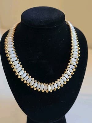 Estate Demi Mother of Pearl Barrel Tiny Goldtone Round Edge Necklace 17"