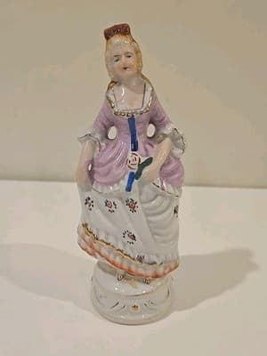 Occupied Japan Victorian Woman w/ Purple White Flower Dress 7.5 Inches