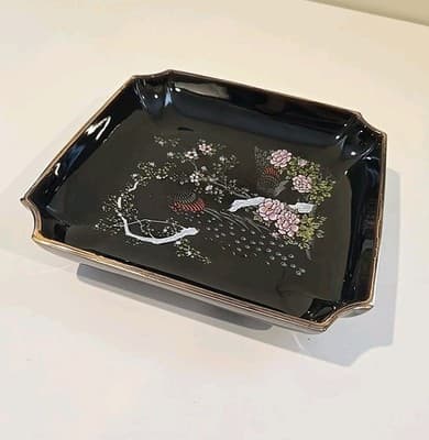 Vintage Decorative Japanese Peacock Plate Black Gold - Thumbnail 4