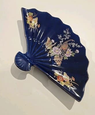 Vintage Cobalt Blue Kutani Flower Cart Fan Display Tray-Trinket Dish-Japan