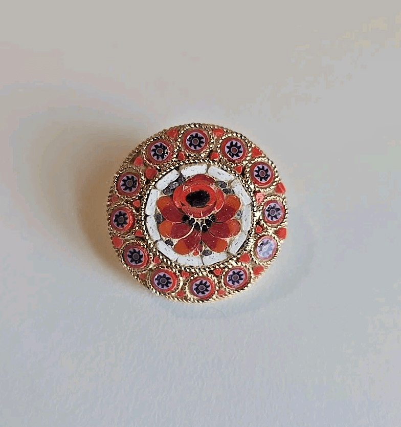 Vintage Micro Mosaic Pin Brooch Floral Yellow Red Gold Tone Micromosaic Italy 1"