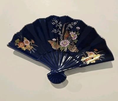 Vintage Cobalt Blue Kutani Flower Cart Fan Display Tray-Trinket Dish-Japan - Thumbnail 5