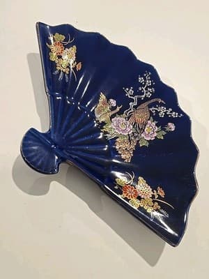 Vintage Cobalt Blue Kutani Flower Cart Fan Display Tray-Trinket Dish-Japan - Thumbnail 6
