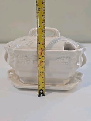 Antique Gravy Boat Under Plate Lid Rare Very Old 7” Farm Cottage - Thumbnail 9