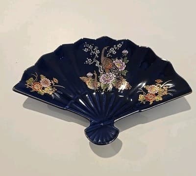 Vintage Cobalt Blue Kutani Flower Cart Fan Display Tray-Trinket Dish-Japan - Thumbnail 4