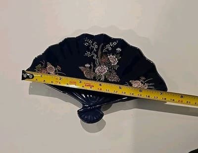 Vintage Cobalt Blue Kutani Flower Cart Fan Display Tray-Trinket Dish-Japan - Thumbnail 2