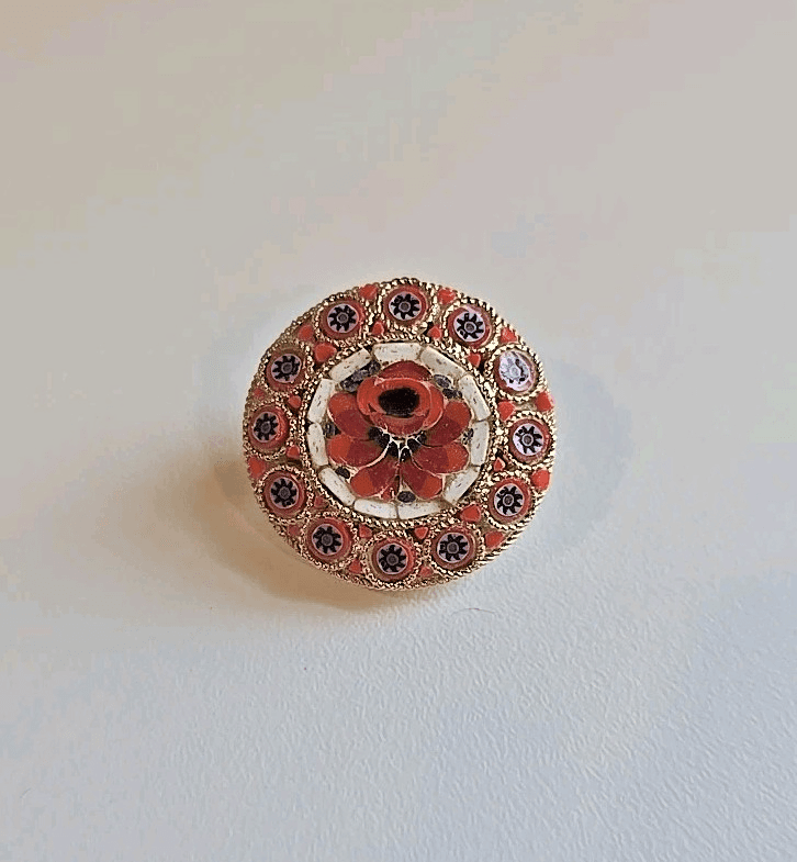 Vintage Micro Mosaic Pin Brooch Floral Yellow Red Gold Tone Micromosaic Italy 1" - Thumbnail 2