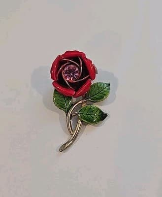 Vintage Red Rose Green Enamel W/ Pink Rhinestone Brooch Goldtone