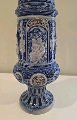 Antique German Westerwald Cobalt & Gray Salt Glazed Stoneware Beer Stein 19" - Thumbnail 4