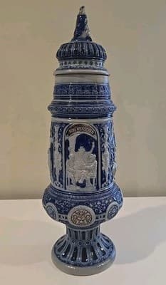 Antique German Westerwald Cobalt & Gray Salt Glazed Stoneware Beer Stein 19" - Thumbnail 6
