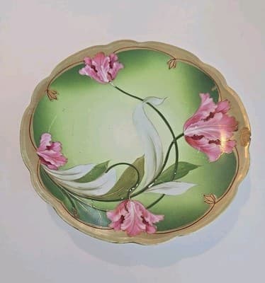 M. Z. Austria Porcelain Flower Plate Gold Green - Thumbnail 2
