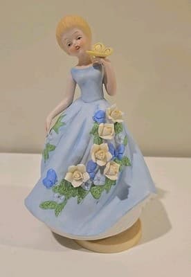 Vintage Berman & Anderson Music Box - Maiden in Blue Rose Dress Flowers Works
