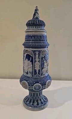 Antique German Westerwald Cobalt & Gray Salt Glazed Stoneware Beer Stein 19" - Thumbnail 5