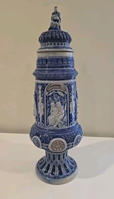 Antique German Westerwald Cobalt & Gray Salt Glazed Stoneware Beer Stein 19"