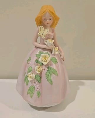 Vintage Berman & Anderson Music Box - Maiden in Pink Rose Dress Flowers Works