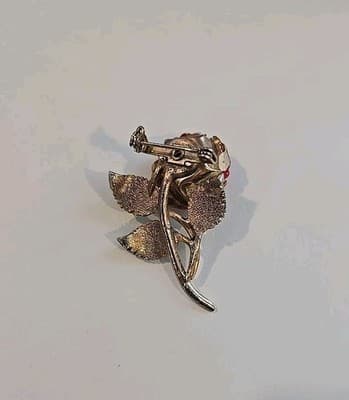 Vintage Red Rose Green Enamel W/ Pink Rhinestone Brooch Goldtone - Thumbnail 4