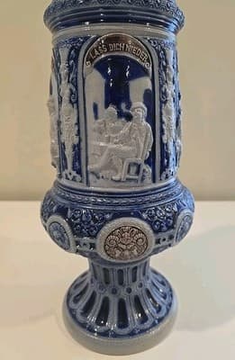 Antique German Westerwald Cobalt & Gray Salt Glazed Stoneware Beer Stein 19" - Thumbnail 8