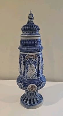 Antique German Westerwald Cobalt & Gray Salt Glazed Stoneware Beer Stein 19" - Thumbnail 2