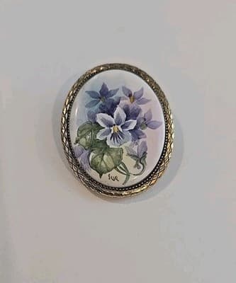 Vintage Napier Ceramic Pendant / Brooch Gold-Tone Purple Flowers Signed "Sue"