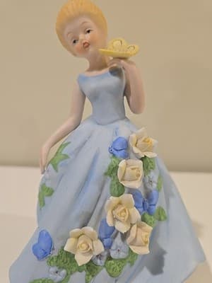 Vintage Berman & Anderson Music Box - Maiden in Blue Rose Dress Flowers Works - Thumbnail 2
