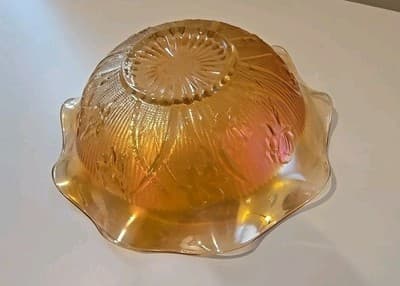 VTG Jeanette Carnival Iridescent Ruffle Glass Bowl Marigold Iris Herringbone MCM - Thumbnail 10