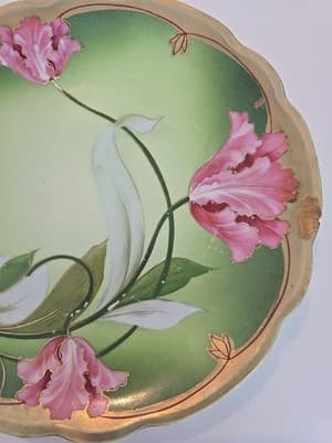 M. Z. Austria Porcelain Flower Plate Gold Green - Thumbnail 4
