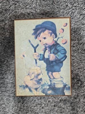 Vintage Japan Wood Jewelry Music Box Hummel Shepard Boy & Lamb Toyo 9X6"