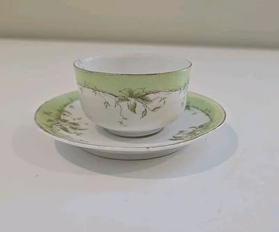 Austrian China Porcelain Teacup & Saucer Green Flowers - Thumbnail 3