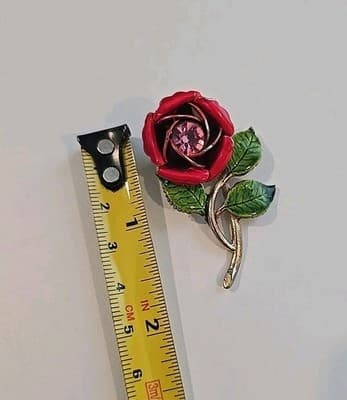 Vintage Red Rose Green Enamel W/ Pink Rhinestone Brooch Goldtone - Thumbnail 3
