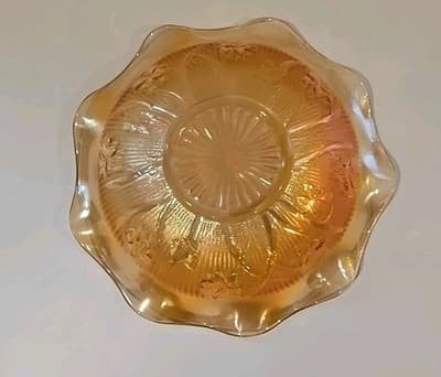 VTG Jeanette Carnival Iridescent Ruffle Glass Bowl Marigold Iris Herringbone MCM - Thumbnail 8