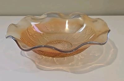 VTG Jeanette Carnival Iridescent Ruffle Glass Bowl Marigold Iris Herringbone MCM
