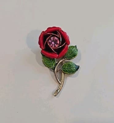 Vintage Red Rose Green Enamel W/ Pink Rhinestone Brooch Goldtone - Thumbnail 2