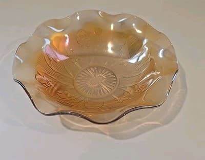 VTG Jeanette Carnival Iridescent Ruffle Glass Bowl Marigold Iris Herringbone MCM - Thumbnail 2