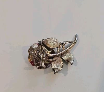 Vintage Red Rose Green Enamel W/ Pink Rhinestone Brooch Goldtone - Thumbnail 5