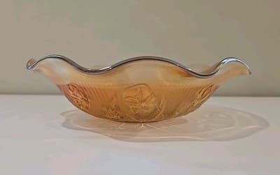 VTG Jeanette Carnival Iridescent Ruffle Glass Bowl Marigold Iris Herringbone MCM - Thumbnail 6