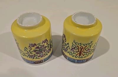 Set Of 2 Chinese Famille Rose Yellow Shou CUPS 3" T - Thumbnail 7