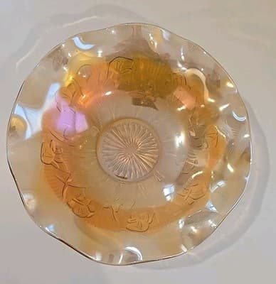 VTG Jeanette Carnival Iridescent Ruffle Glass Bowl Marigold Iris Herringbone MCM - Thumbnail 3